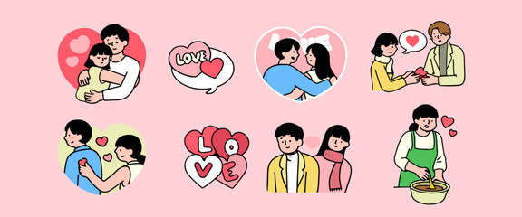 Set of cute vector love stickers for daily planner and diary. Collection of scrapbooking design elements for valentines day.