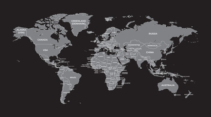 Fototapeta na wymiar Detailed World Map Isolated on Black Background with Country Names. Gray Silhouette World Map