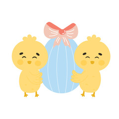 Cute Easter chick charactes holding easter egg with bow for kids illustration, design element