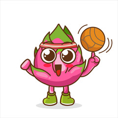 Dragon Fruit cartoon mascot character with a basketball