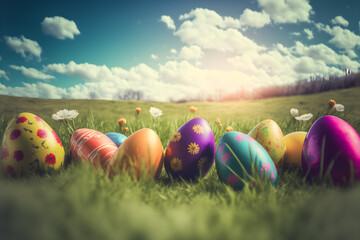 Easter Eggs on a Meadow with a Blue Sky and Clouds, Generative AI
