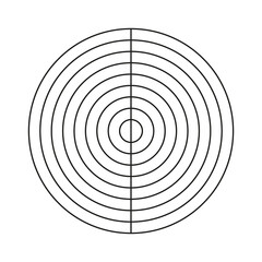 Polar grid of 8 concentric circles and 2 degrees steps. Circle diagram divided on segments. Blank polar graph paper. Wheel of life or habits tracker.