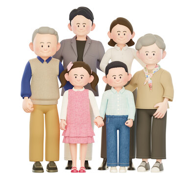 3d Illustration, Grandfather, Grandmother, Dad, Mom, Son, Daughter with a Harmonious Large Family Looking Front