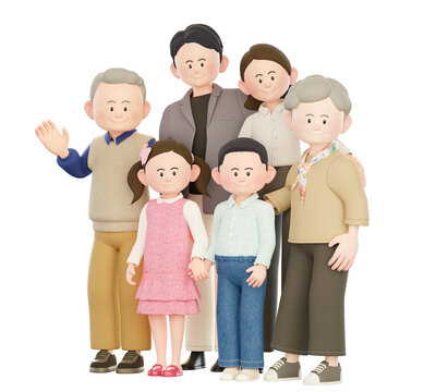 6 big family 3d Illustration, grandfather, grandmother, father, mother, son, daughter looking for the same direction