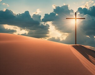 cross in a beautiful sunset over the mountain, catholic, christianity