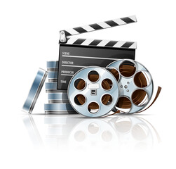 Cinema Clapper and Video Film Tape on Disc Movie disk with directors for cinematography filmmaking. isolated. PNG