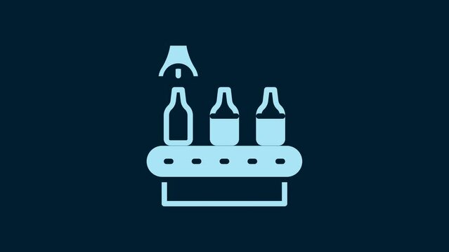 White Brewery factory production line pouring alcoholic drink in glass bottles icon isolated on blue background. 4K Video motion graphic animation