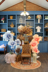 Brown genuine leather classical style chair in the showroom.