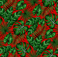 Naklejka na ściany i meble Tropical leaf seamless pattern. Colorful vivid print with beautiful palm jungle leaves. Repeated luxury design for packaging, cosmetic, fashion, textile, wallpaper. Realistic high quality illustration
