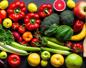 Naklejka na ściany i meble fresh fruits and vegetables on black background
