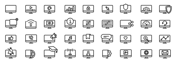 Computer icons. Flat line computer icons. Device web icons. Set of smart devices and gadgets. Flat line device icons. Device and technology line icon set.