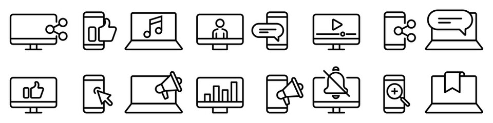 Device web icons. Computer and smartphone vector icons. Flat line device icons. Set of smart devices and gadgets. Device and technology line icon set.