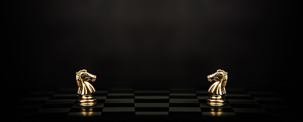 Knight horse chess pieces stand confront challenge concept of team player or business team and leadership strategy or strategic planning and human resources organization risk management.