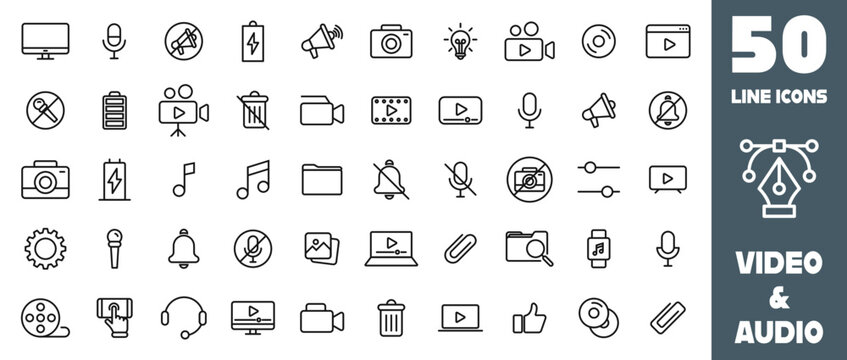 Audio and Video Icons Pack. Audio and Video concept icons. Thin line icons set. Flat icon collection set. Simple vector icons