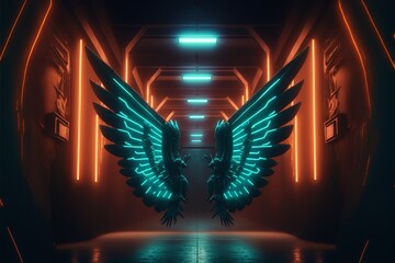 a pair of Green Neon Wings in a hallway