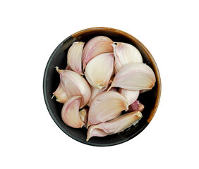 Garlics in black bowl top view isolated on transparent background with PNG.