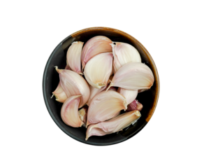 Garlics in black bowl top view isolated on transparent background with PNG.