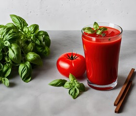 tomato juice with fresh basil and mint on a black background