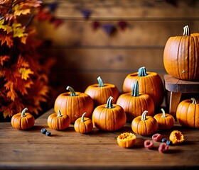 pumpkins and autumn leaves on wooden background