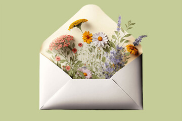 Opened white envelope with multicolored flowers on pastel background. Festive greeting concept. 