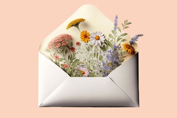Opened white envelope with multicolored flowers growing out on pastel background. Festive greeting concept. 