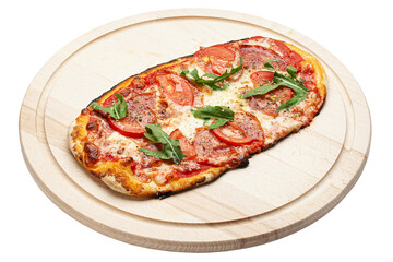 Delicious pizza served on wooden plate isolated on white background. Pizzeria menu. Concept poster for Restaurants or pizzerias. File contains clip