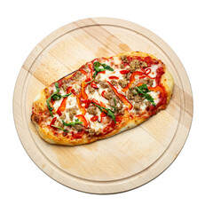 Delicious pizza served on wooden plate isolated on white background. Pizzeria menu. Concept poster for Restaurants or pizzerias. File contains clip