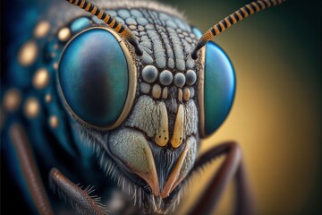 Fototapeta  a close up of a blue fly insect with long antennae and large eyes, with a black background and a yellow border around the eyes and bottom half of the image is a blue and. obraz