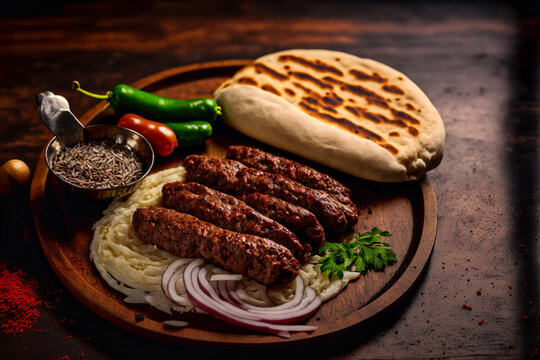 tasty grilled meat cevapi served on a wooden chopping board with scattered ingredients around