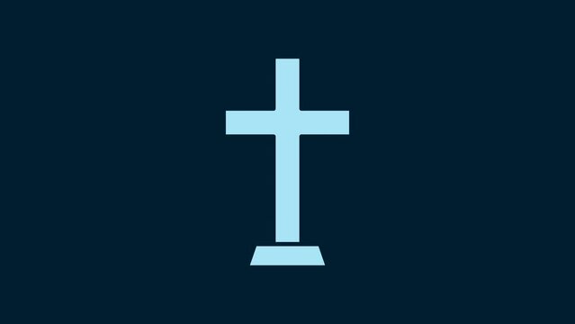 White Christian cross icon isolated on blue background. Church cross. 4K Video motion graphic animation