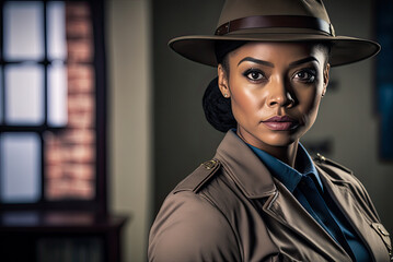 African American detective woman portrait, police station background, copyspace. Generative AI
