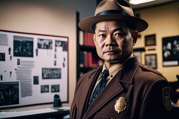 Chinese American detective portrait, police station background, copyspace. Fictitious badge and uniform. Generative AI