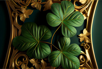Background with shamrocks. St. Patrick's day holiday symbol. Generative Ai Art. Golden elements.