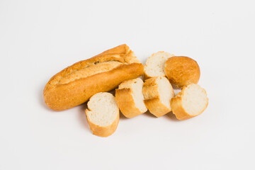 Delicious french baguette close-up on a white background