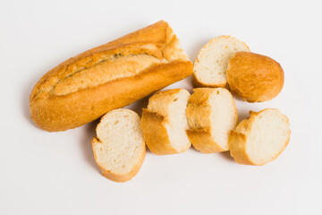 Delicious french baguette close-up on a white background