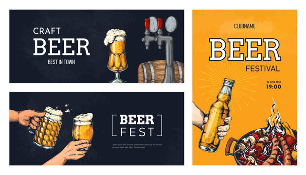 Beer festival poster, glass cups and bottles with beverage. Vintage oktoberfest or bbq party invitation flyer, hand toast, barbecue grill. Web banner template. Vintage style vector illustration