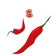 Red Chili pepper on white background. Vector icon set. Isolated vector illustration.