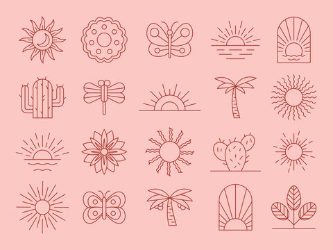 Minimal sea logo. Boho sun. Beauty Bohemian moon. Mystic minimalist sunset. Sunrise seascape. Eye tattoo. Cactus or summer flower. Beach palm. Line symbols set. Vector design template