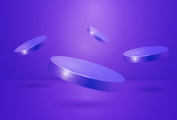 Blue stand, purple product podium, empty flying platform. Render of pedestal, stage or scene, minimal studio. Modern background. Realistic isolated elements. Vector abstract backdrop design