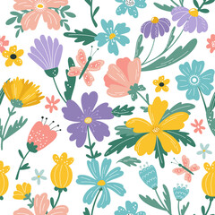 Spring flowers, summer folk floral pattern. Pretty fabric garden motif, cute simple plants, jungle herbs. Cartoon flat elements. Decor textile, wrapping paper. Vector seamless background
