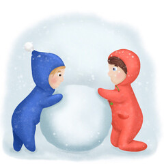 Children sculpt a snowman. Winter Games. Children's illustration, illustration for the book.