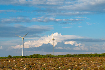 Wind turbines landscape in Bozcaada, Canakkale, Turkey