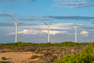 Wind turbines landscape in Bozcaada, Canakkale, Turkey