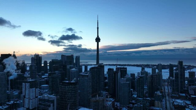 Aerial cinematic downtown Toronto CN Tower sunrise 1