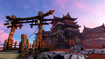 Wooden arch and Japanese style house