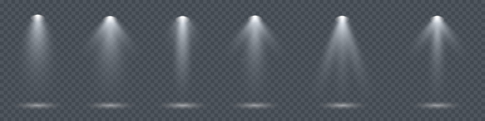 Light sources isolated on transparent background vector illustration. Lighting spotlights collection.  Bright lighting spotlights set. Spotlight shines on the stage, scene, podium. Bright lighting wit