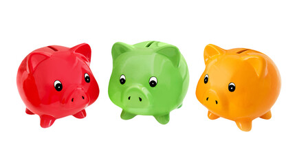 Finanzen und 3 Sparschweine rot grün gelb Hintergrund transparent PNG cut out - obrazy, fototapety, plakaty