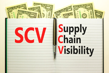 SCV supply chain visibility symbol. Concept words SCV supply chain visibility on white note on a beautiful background from dollar bills. Business SCV supply chain visibility concept. Copy space.