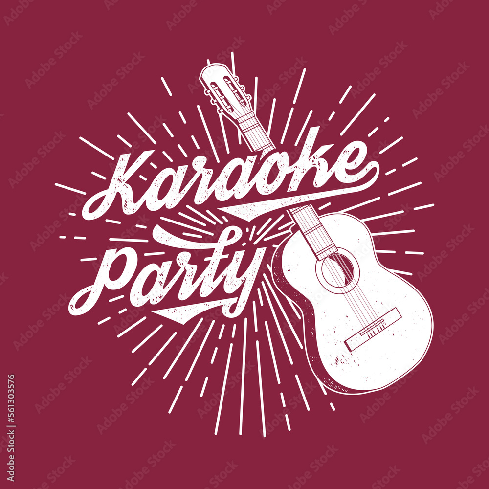 Wall mural karaoke party poster, banner. retro classical acoustic guitar with sunburst vintage typography desig