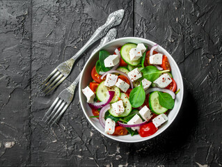 Vegetable salad. Salad with vegetables, cheese and olive oil.